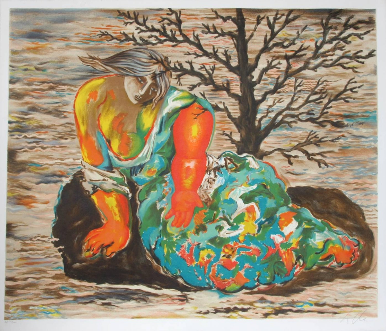 Large lithograph Italian Post Modernist Bright Figurative Pop Art Figure w Dog