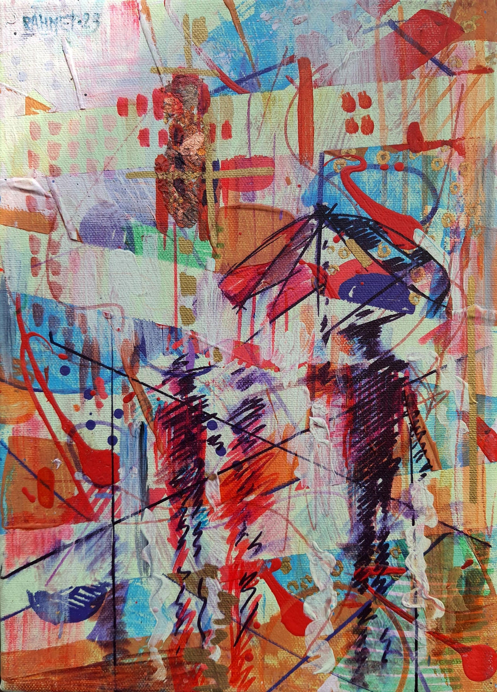 Abstract Cityscape 1960 Oil Painting Signed Chait Expressionist NYC City Scene