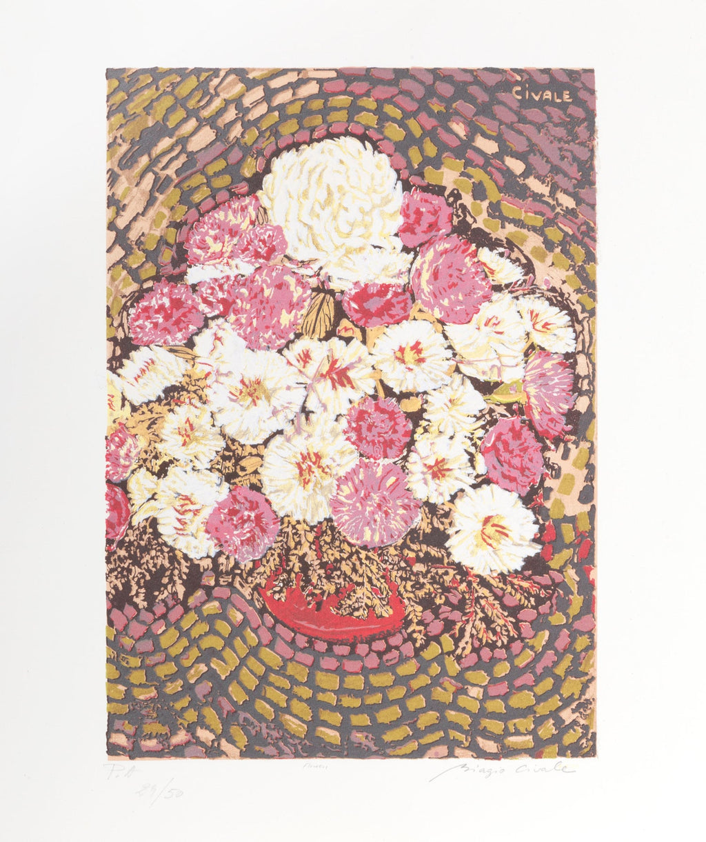 Offset Lithograph Modernist Print of Bold Vibrant Flowers, Plate Signed