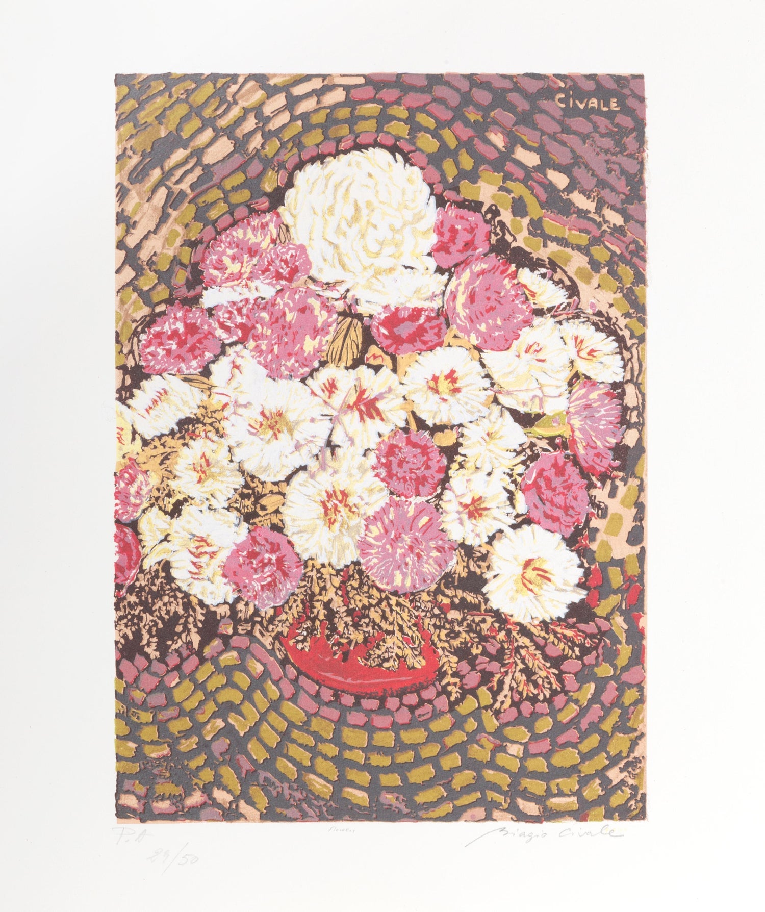 Offset Lithograph Modernist Print of Bold Vibrant Flowers, Plate Signed