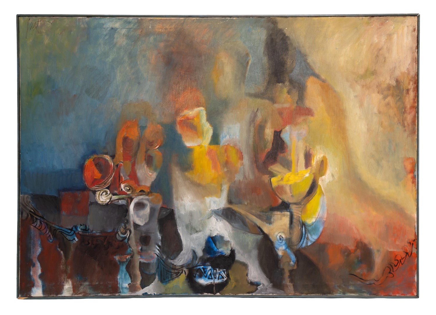 Signed Castro Abstract Expressionist 1960s Latin American Oil Painting Collage