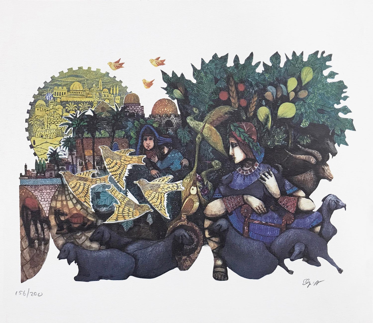 Israeli Modern Tu BiShvat Lithograph Silkscreen David Sharir Holiday Serigraph
