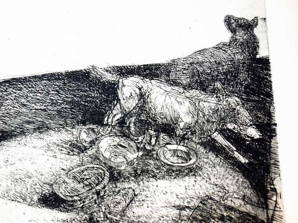 Interior View Dogs Running By Table Abstract Modernist Etching, Robert Birmelin