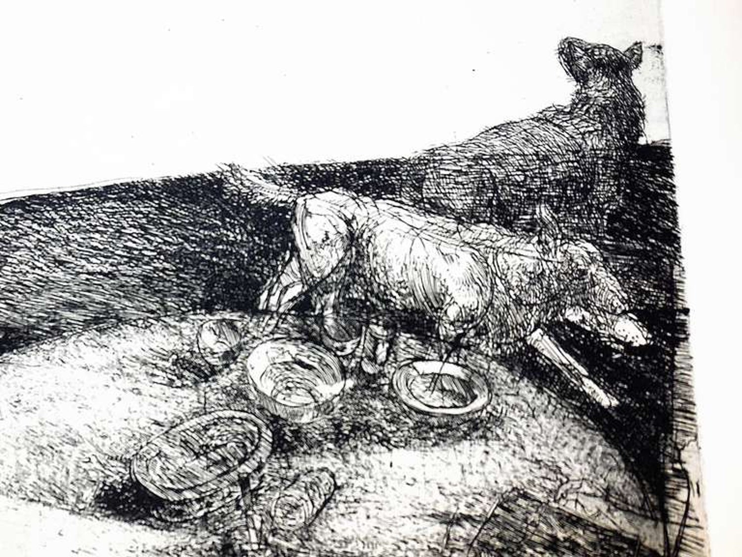 Interior View Dogs Running By Table Abstract Modernist Etching, Robert Birmelin