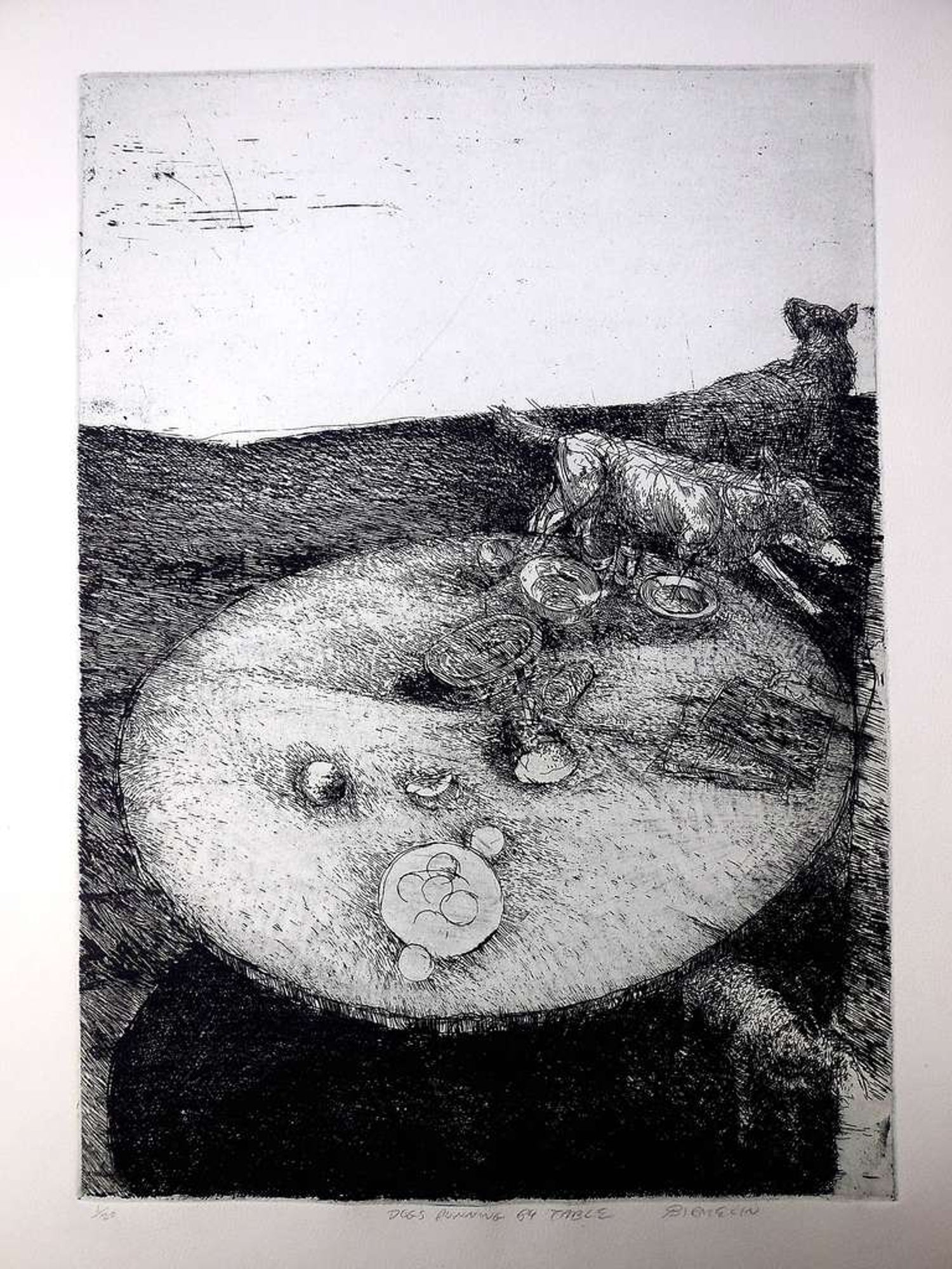 Interior View Dogs Running By Table Abstract Modernist Etching, Robert Birmelin