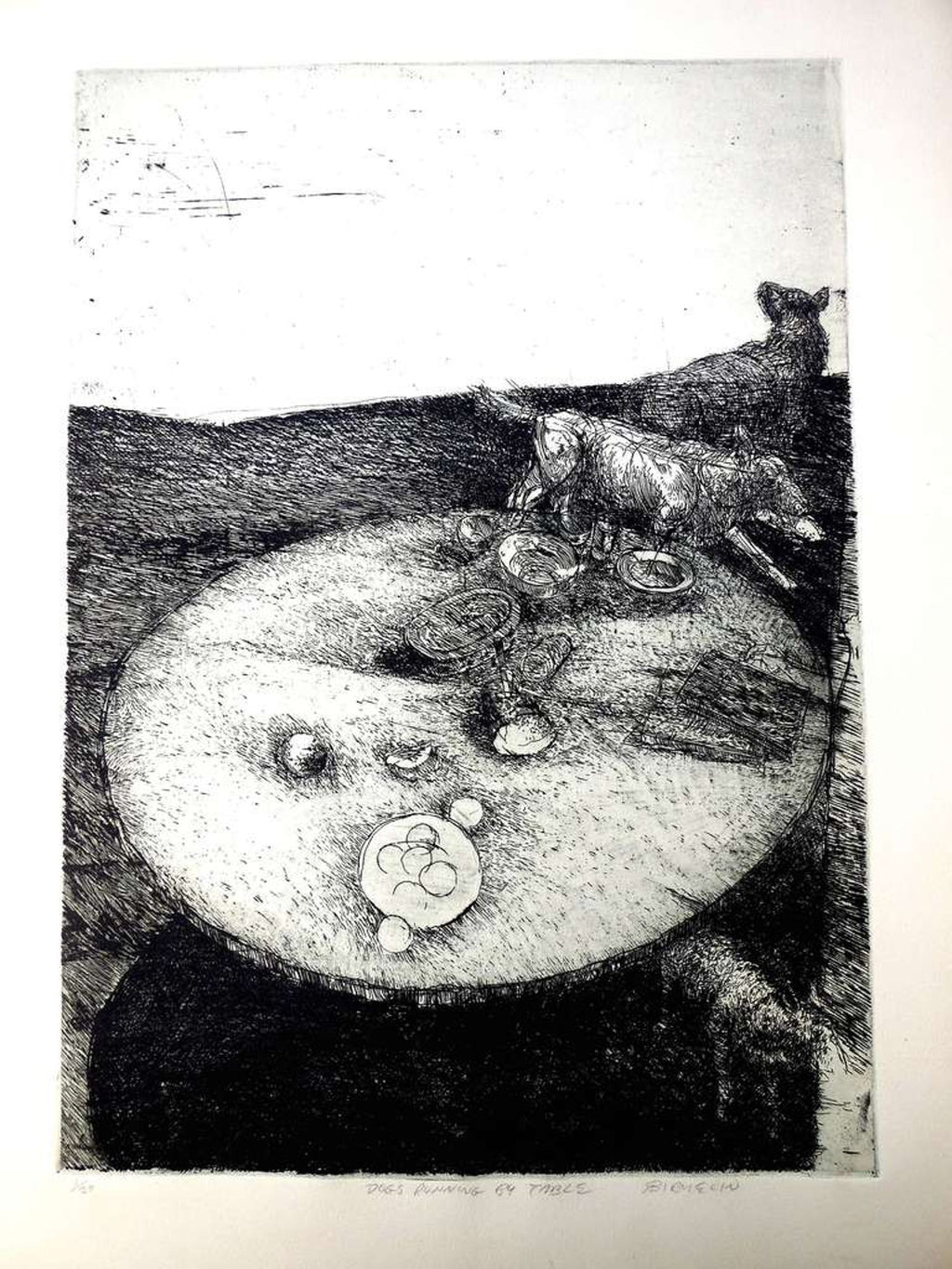 Interior View Dogs Running By Table Abstract Modernist Etching, Robert Birmelin