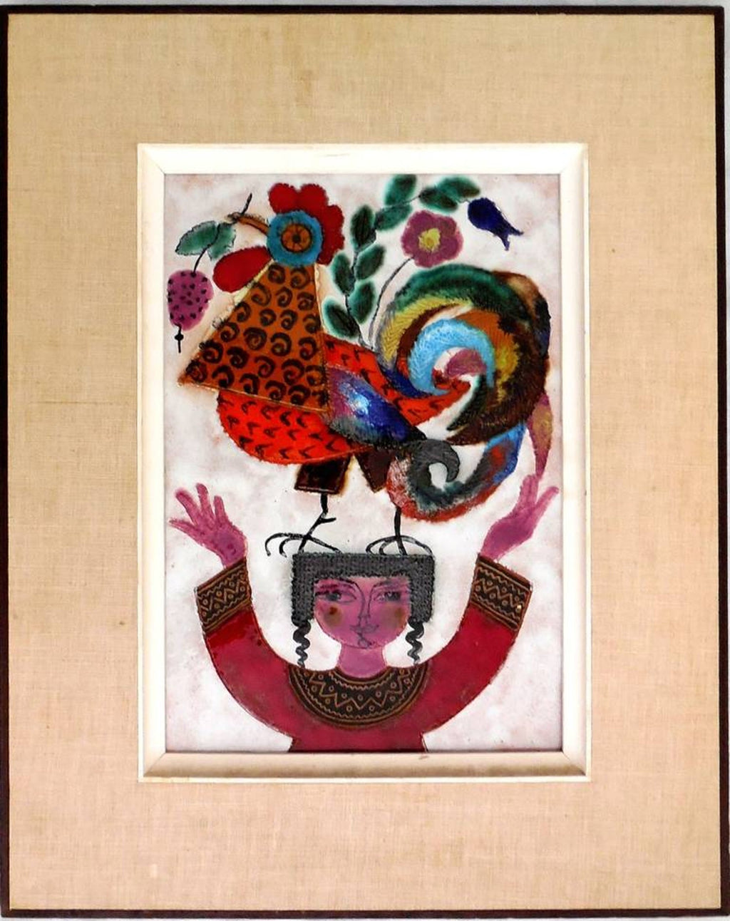 Girl & Plants Enamel Glazed Ceramic Plaque Israeli Artist Awret Naive Folk Art