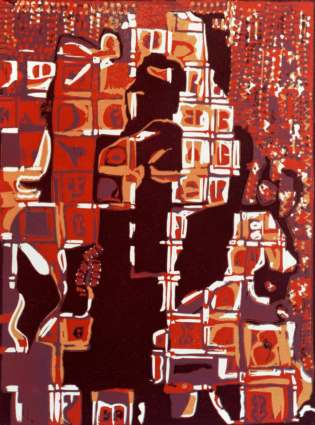 Motif, Orange Blue, African American Artist Viola Leak Woodcut Silkscreen Print