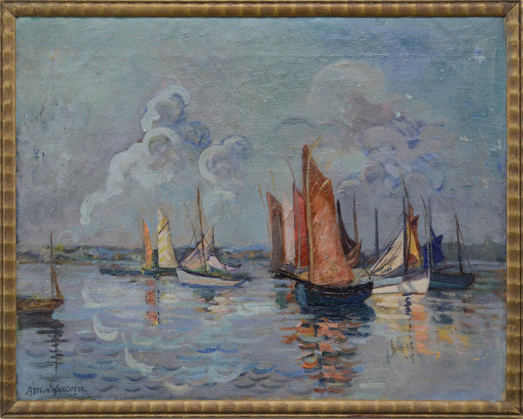 1930 Oil Painting Sea Side Sailboats American Modernist WPA Artist Morris Kantor