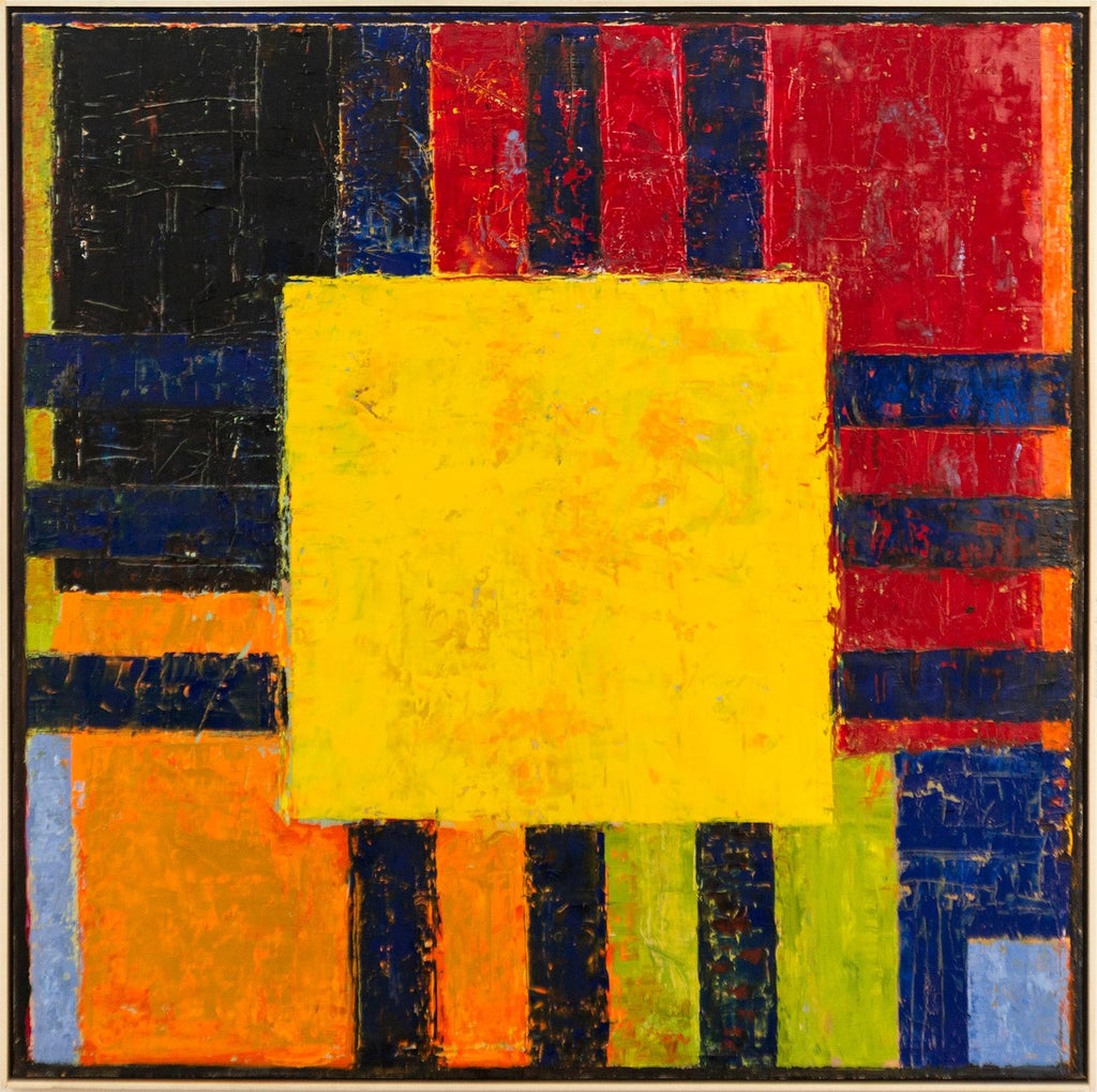 Abstract Orange Squares on Yellow "Spain" Stencilled Letters Mod Oil Painting