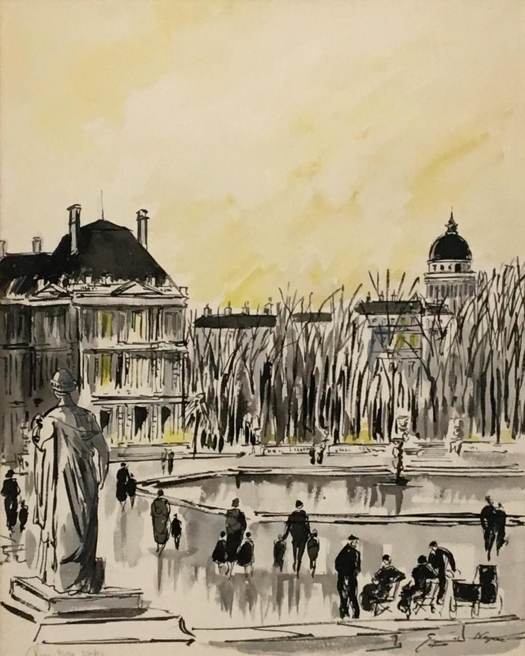 European Architectural Colonnaded Arcade Watercolor Painting