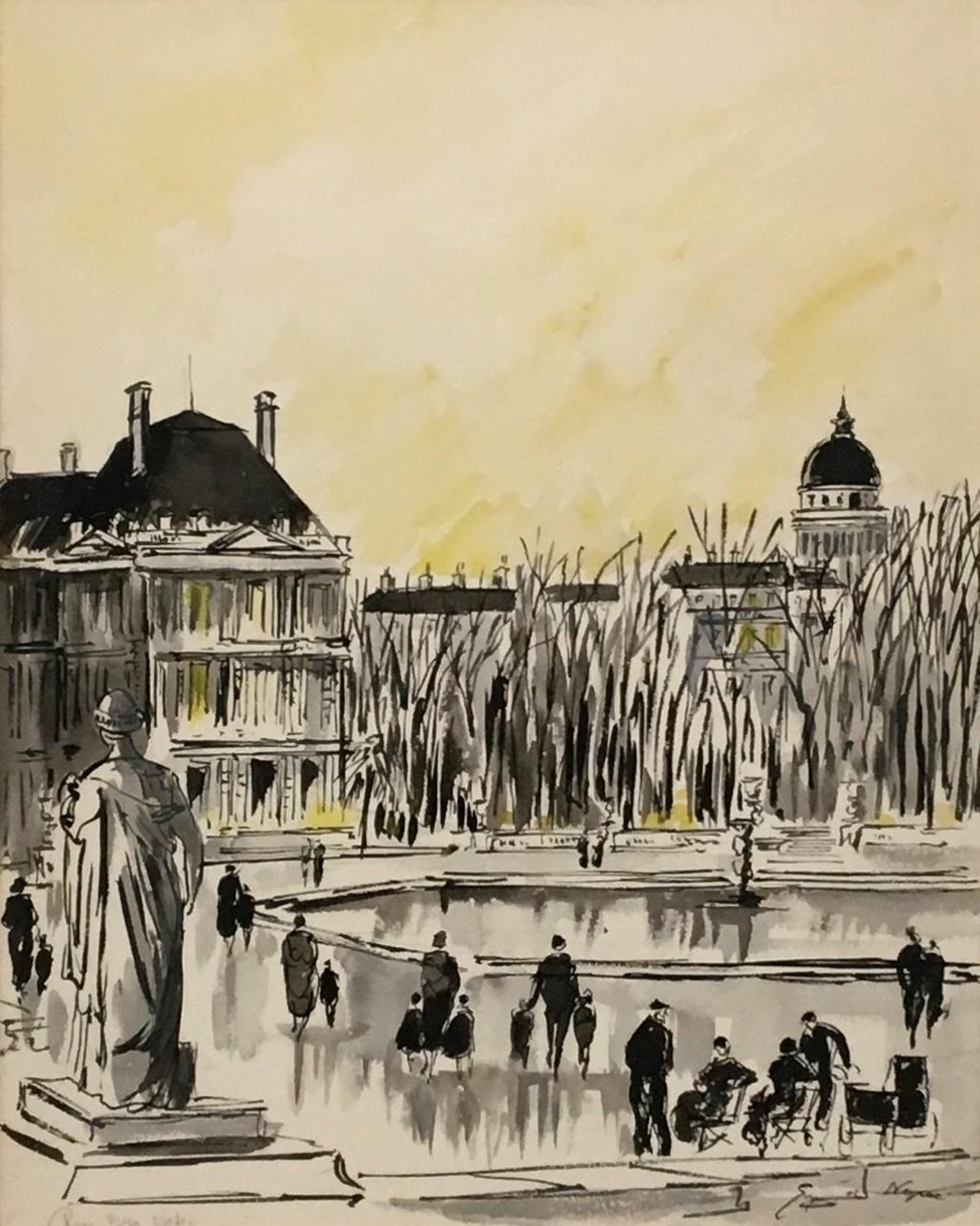European Architectural Colonnaded Arcade Watercolor Painting