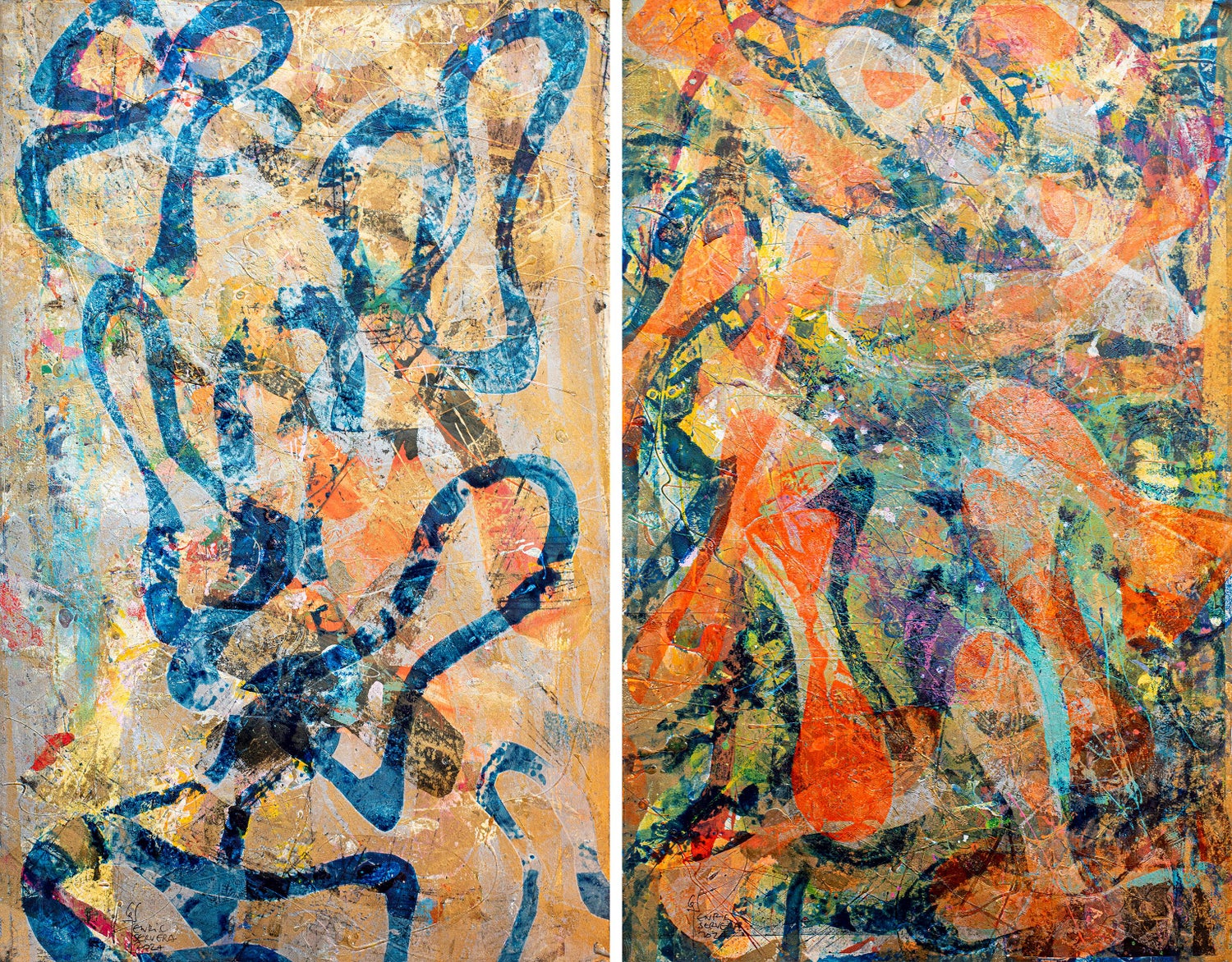 Contact Painting Twins Abstract Expressionist Diptych OIl Painting Rainer Gross