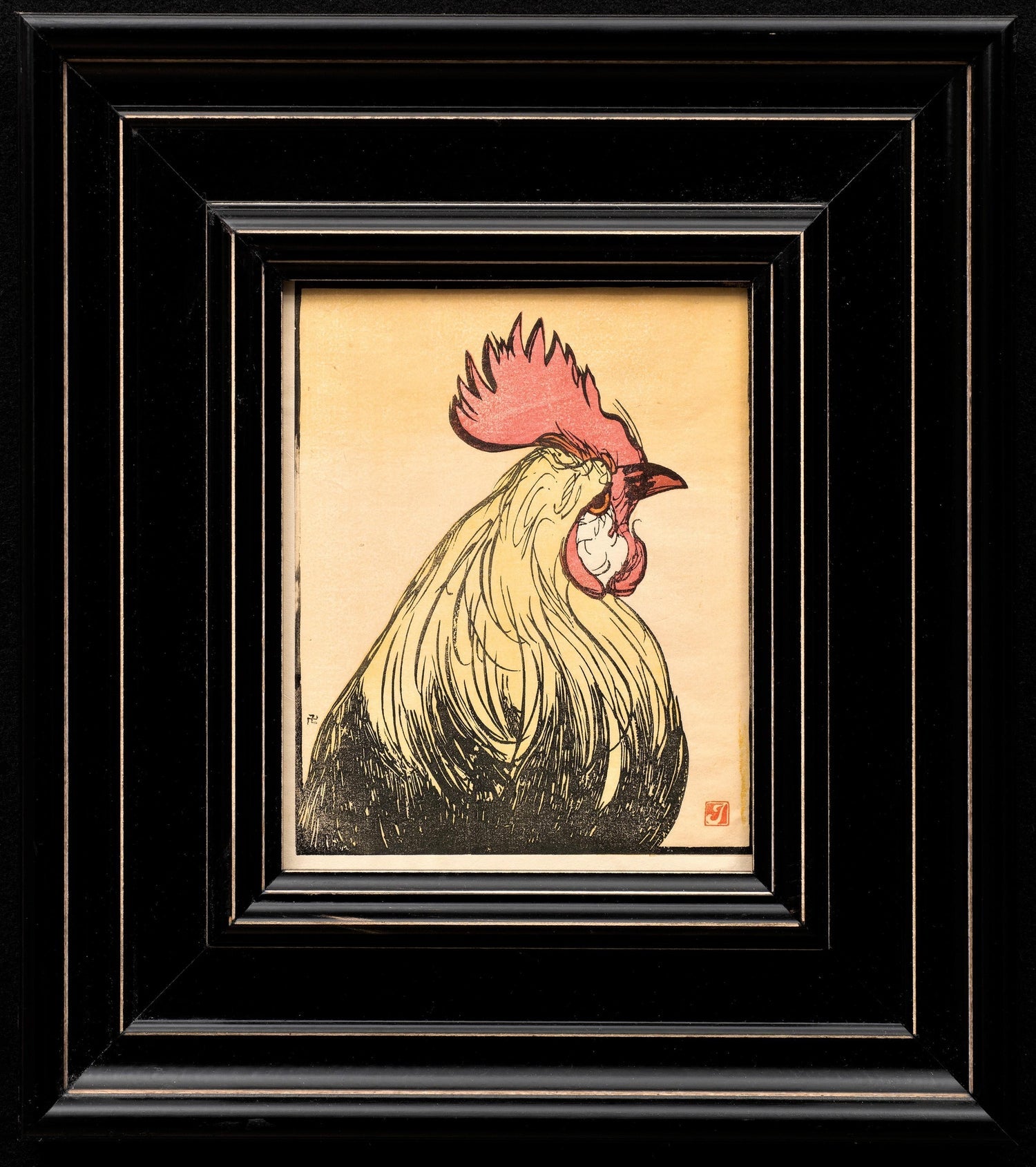 German Israeli Expressionist "Rooster" Batik Style Painting Print on Silk Fabric