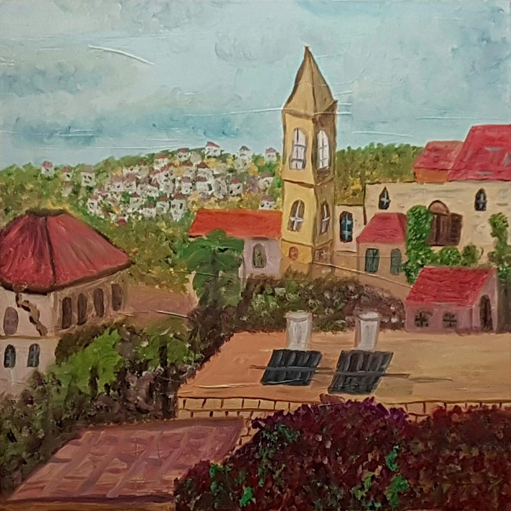 Israeli Modernist Oil Canvas Architecture Painting Dan Kedar, Bezalel Artist