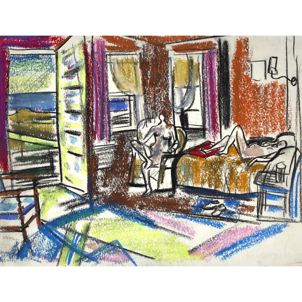 Modernist Conte Crayon Drawing Beach Scene David Burliuk Russian Futurist