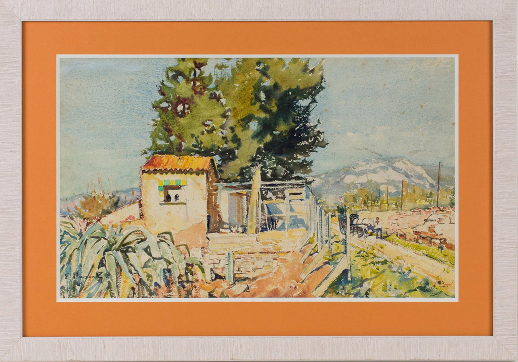 Modernist Landscape 'Portugal' Watercolor Painting