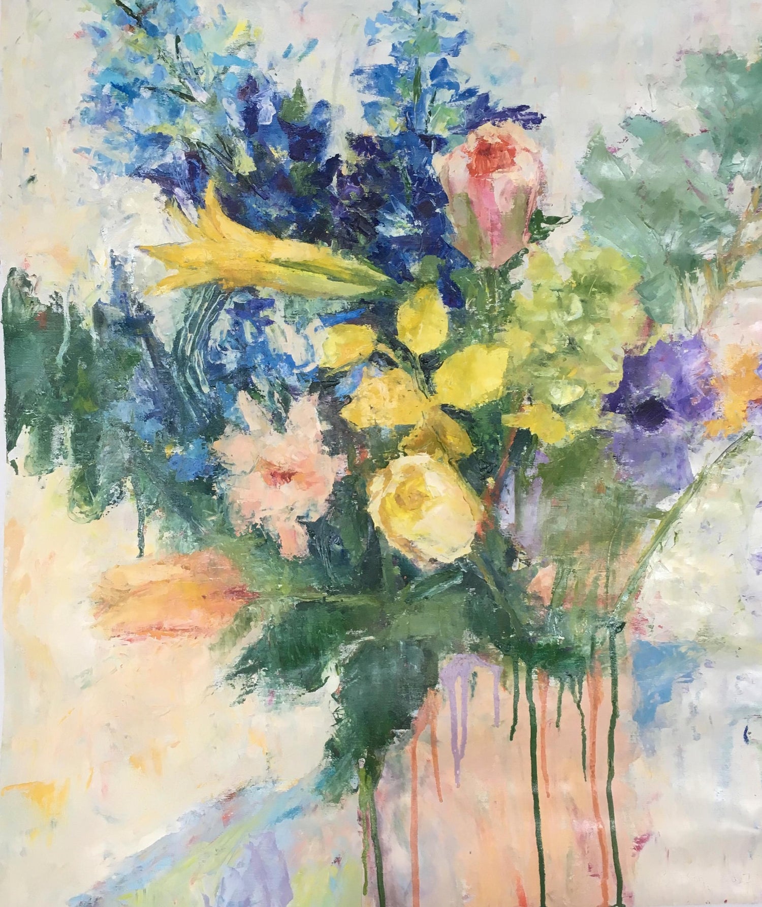 Mixed Media Floral Oil Painting Collage Bouquet of Flowers Topiary
