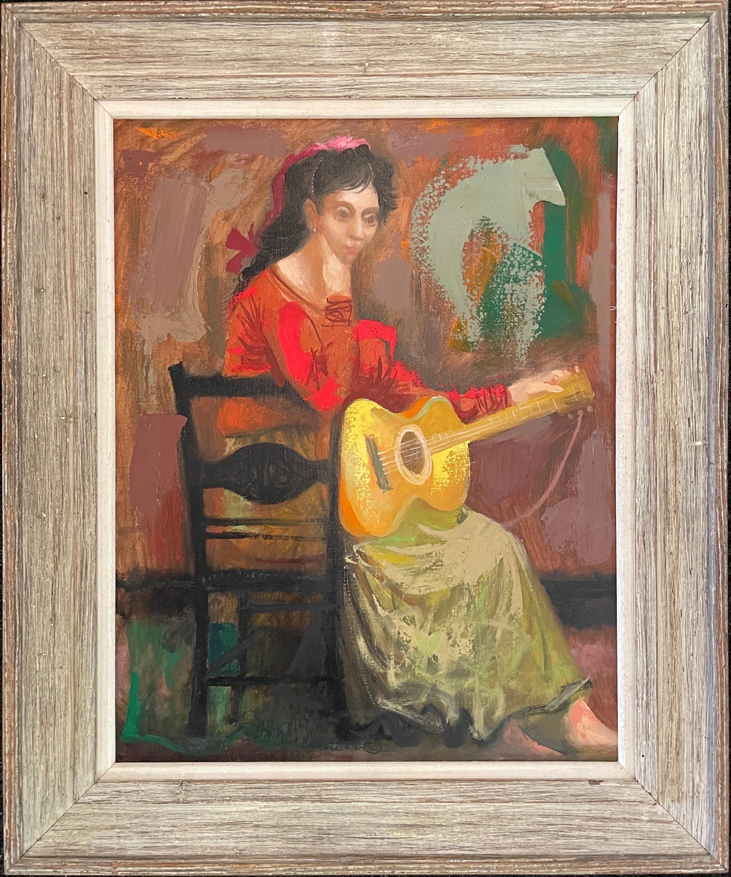 1947 Expressionist Oil Painting Flute Player Musician Boris Deutsch WPA Artist