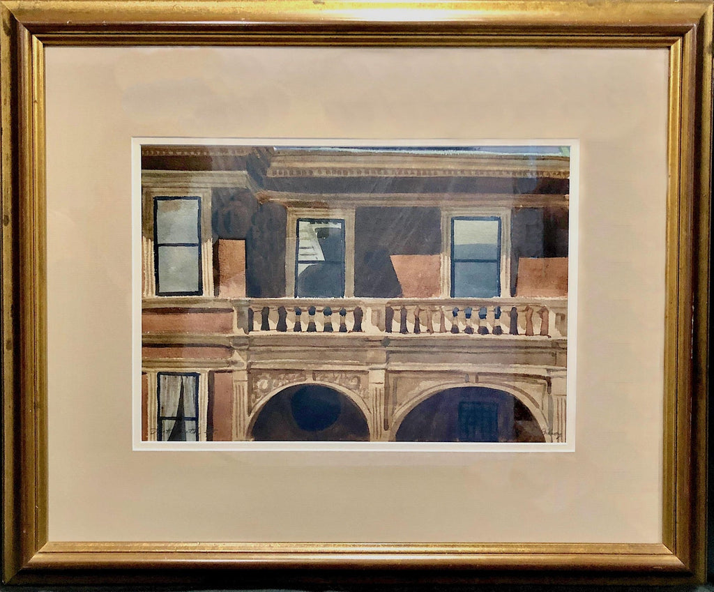 European Architectural Colonnaded Arcade Watercolor Painting