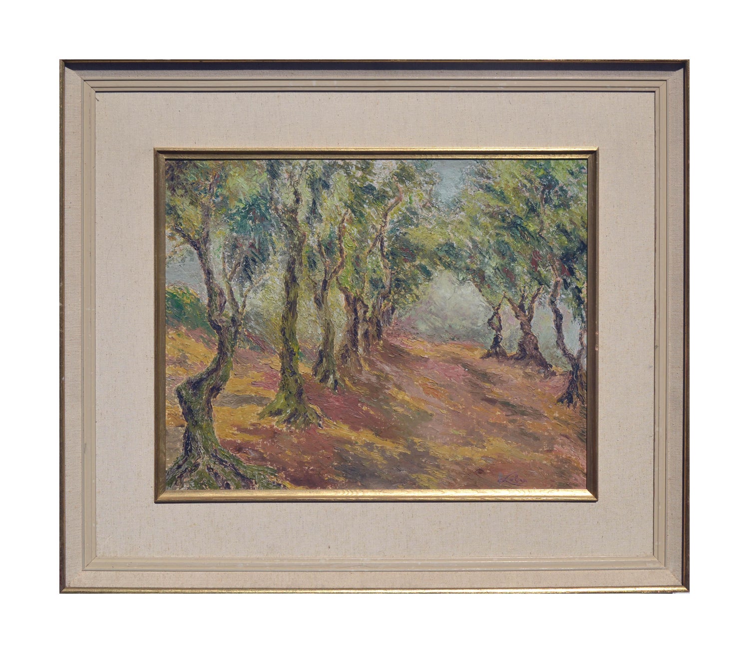 Modernist Picnic Olive Trees Israel Landscape Oil Painting Zvi Livni Israeli Art