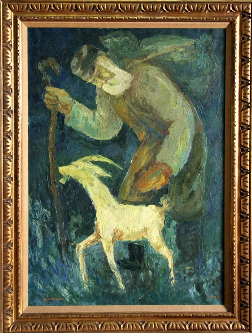 Large Modernist Oil Painting 1940s, Judaica Hasidic Shtetl Wagon Driver WPA Era