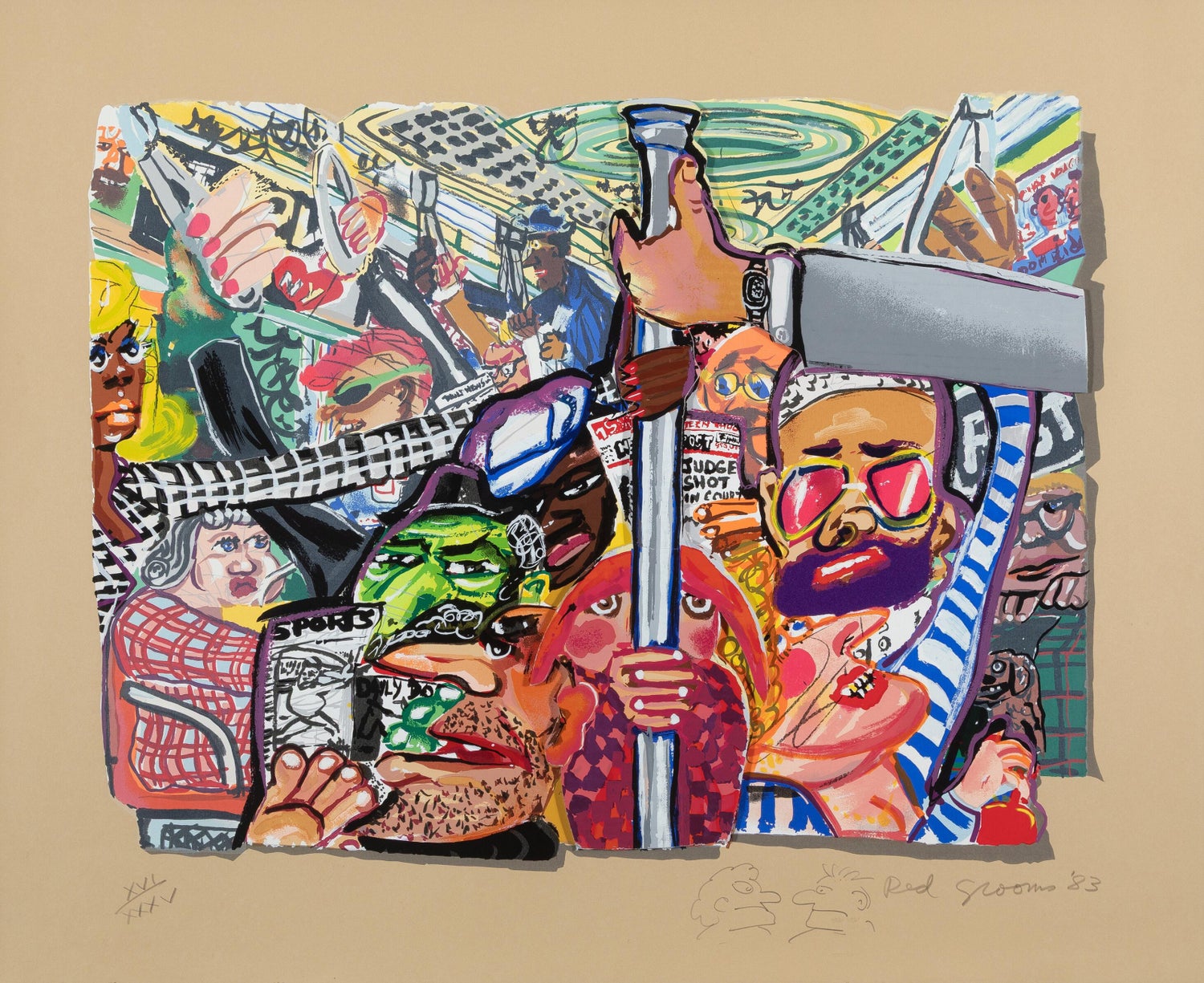 Huge Red Grooms Monotype Oil Painting LA Hollywood Circus Film Cartoon Pop Art