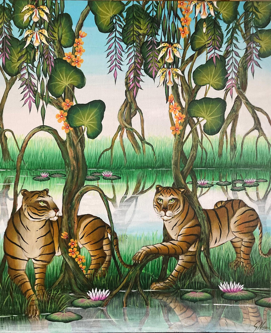 Tigers Animal Paradise Tropical Jungle Painting Surrealist Art Gustavo Novoa