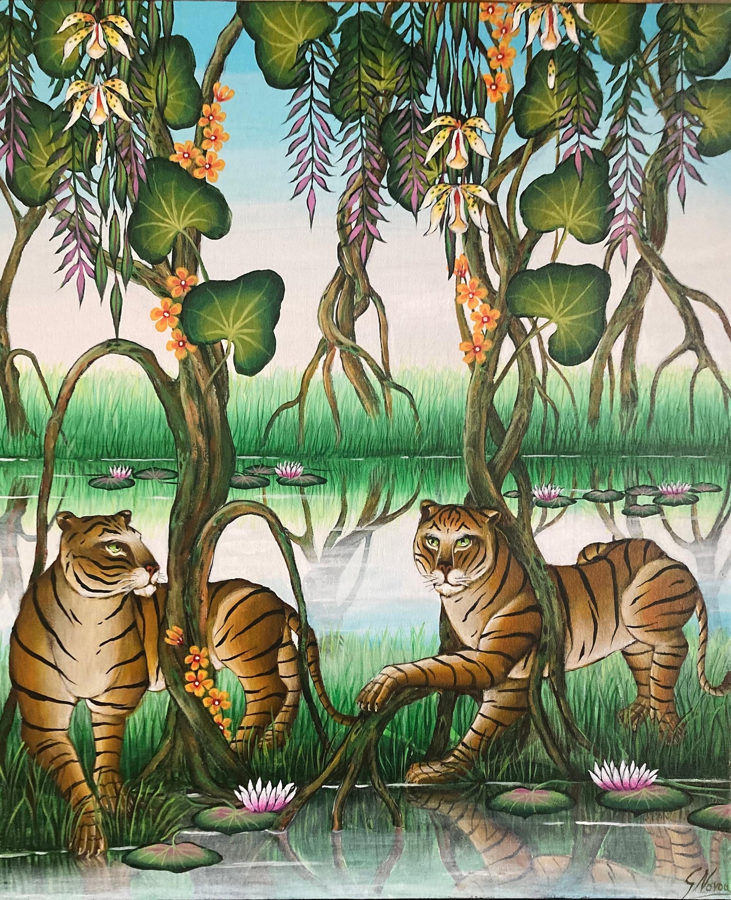 Tigers Animal Paradise Tropical Jungle Painting Surrealist Art Gustavo Novoa