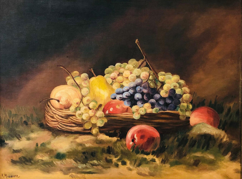 Israeli Folk Art Oil Painting Pomegranates Naive Style Still Life Hedva Yardeni