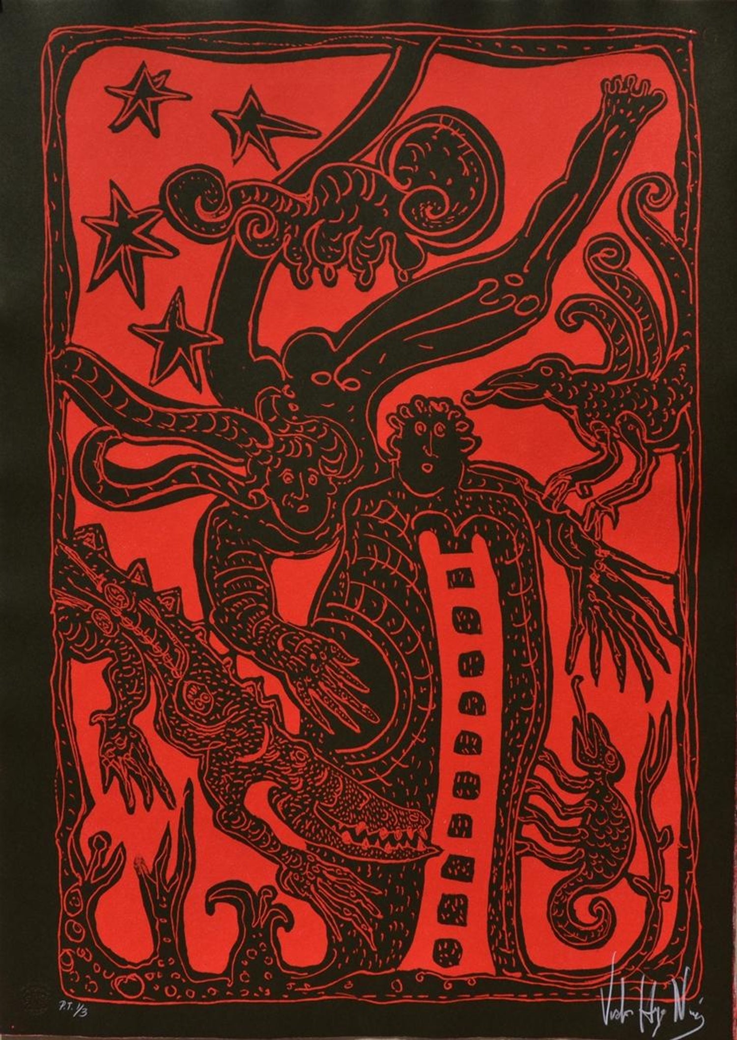 Vintage Vibrant Mod Mythological Dragon Psychedelic Woodblock Woodcut Print