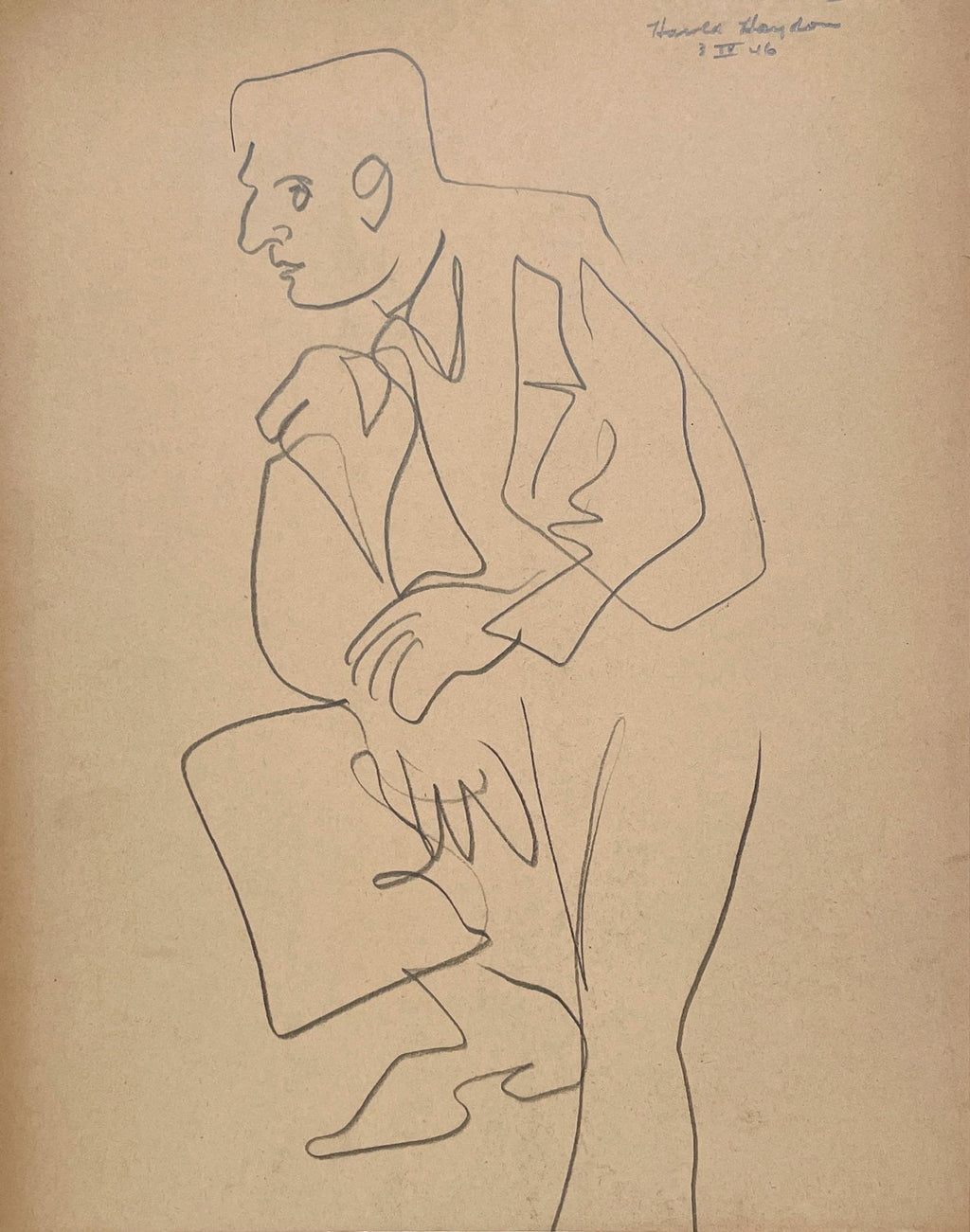 Ink Drawing Man in Suit and Hat with Nude