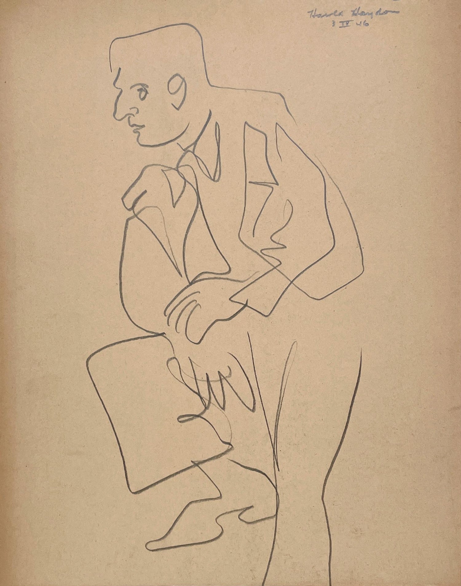Ink Drawing Man in Suit and Hat with Nude