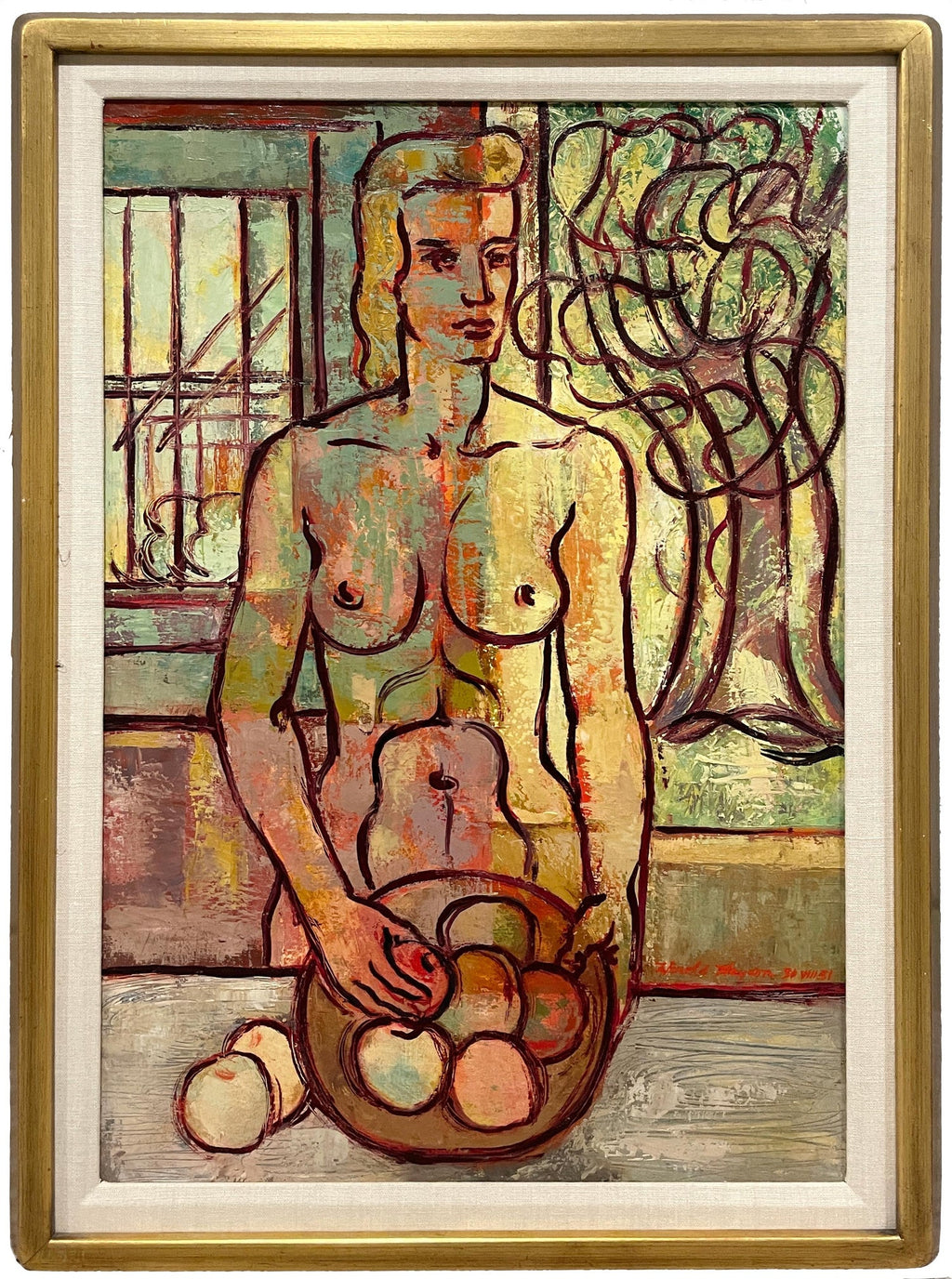Large Latin American Modernist Oil Paintng Women with Fruit