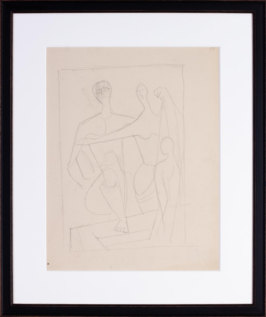 Modernist Conte Crayon Drawing Beach Scene David Burliuk Russian Futurist