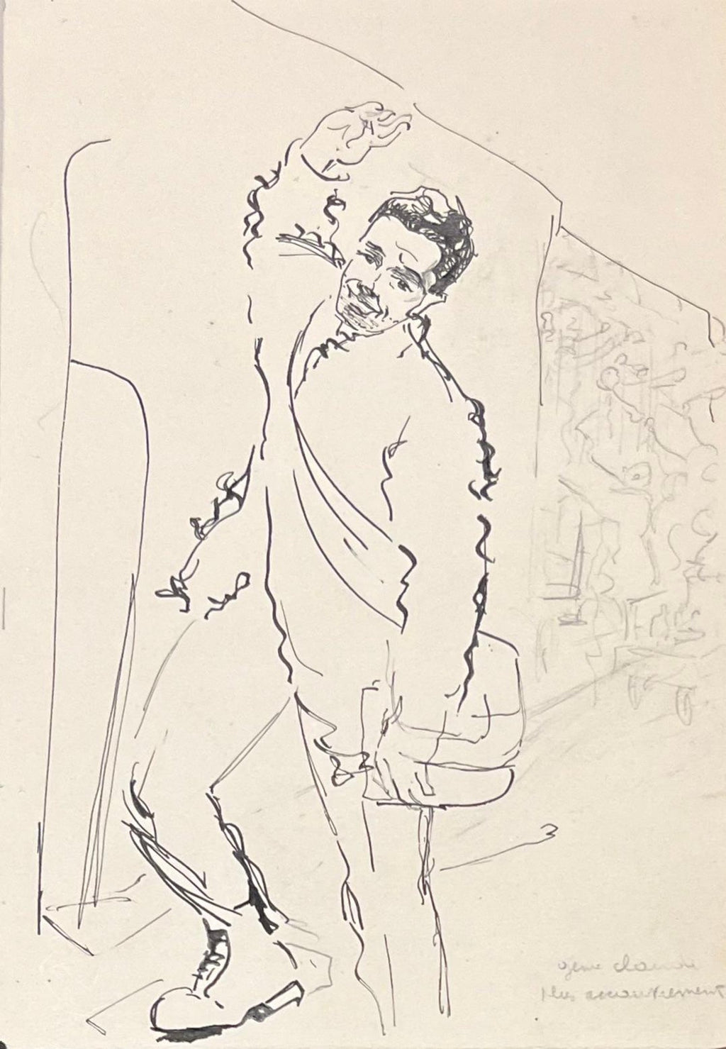 Ink Drawing Man in Suit and Hat with Nude