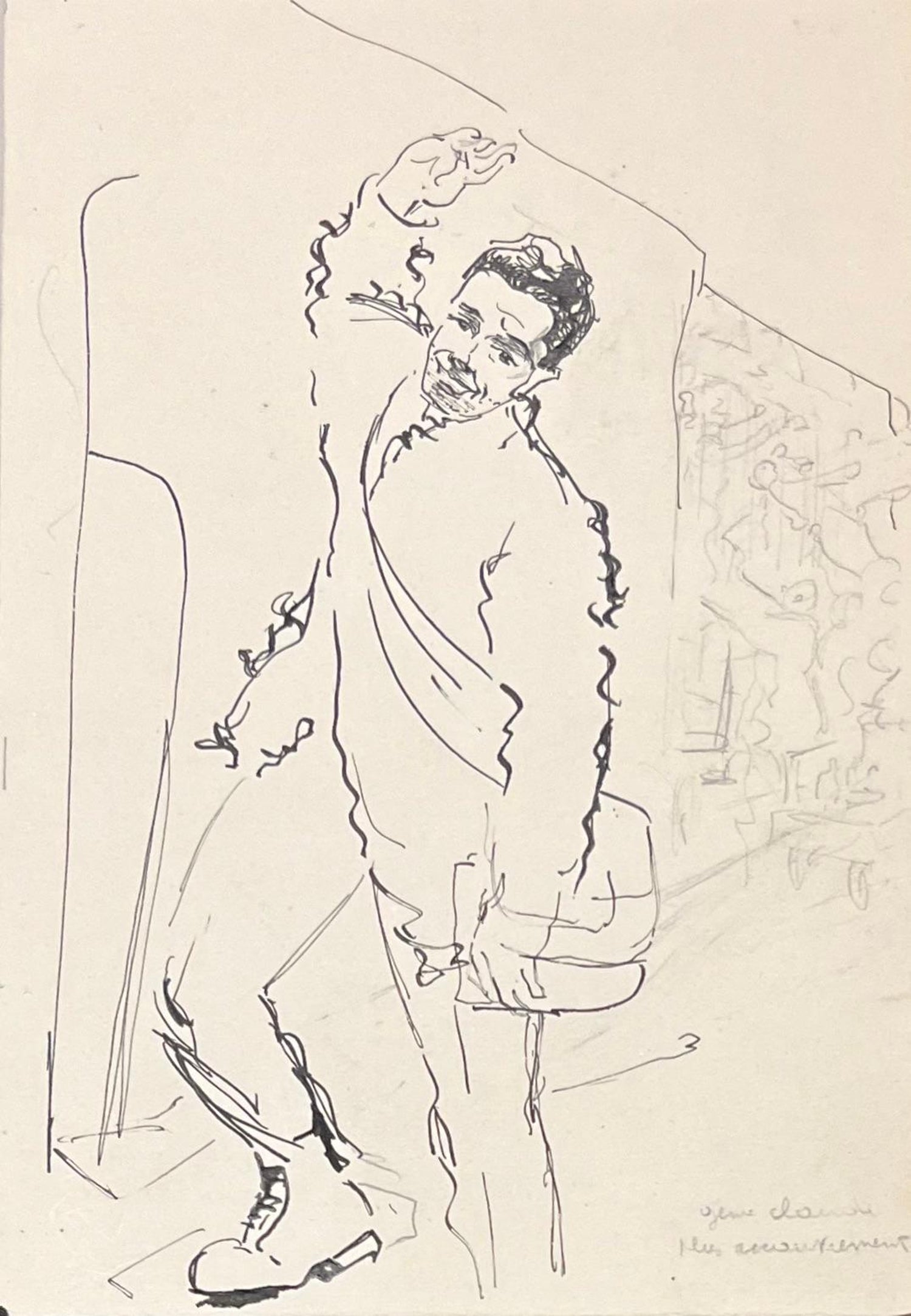 Ink Drawing Man in Suit and Hat with Nude