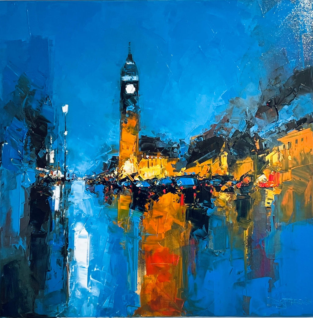 Large London Big Ben Mod Mid Century Architectural Modernist Gold Leaf Painting