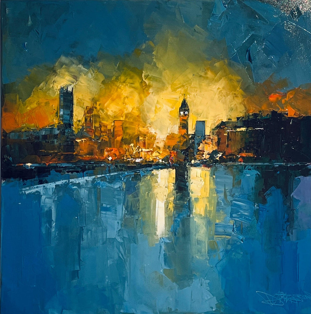 Large London Big Ben Mod Mid Century Architectural Modernist Gold Leaf Painting