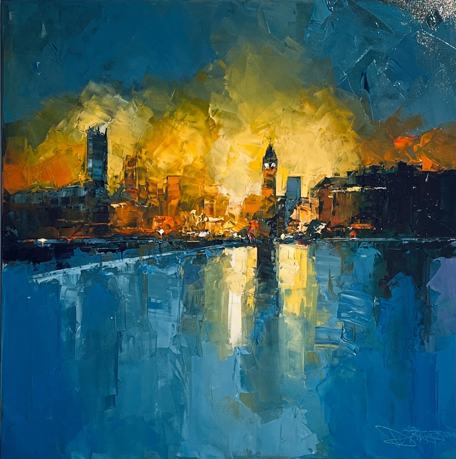 Large London Big Ben Mod Mid Century Architectural Modernist Gold Leaf Painting