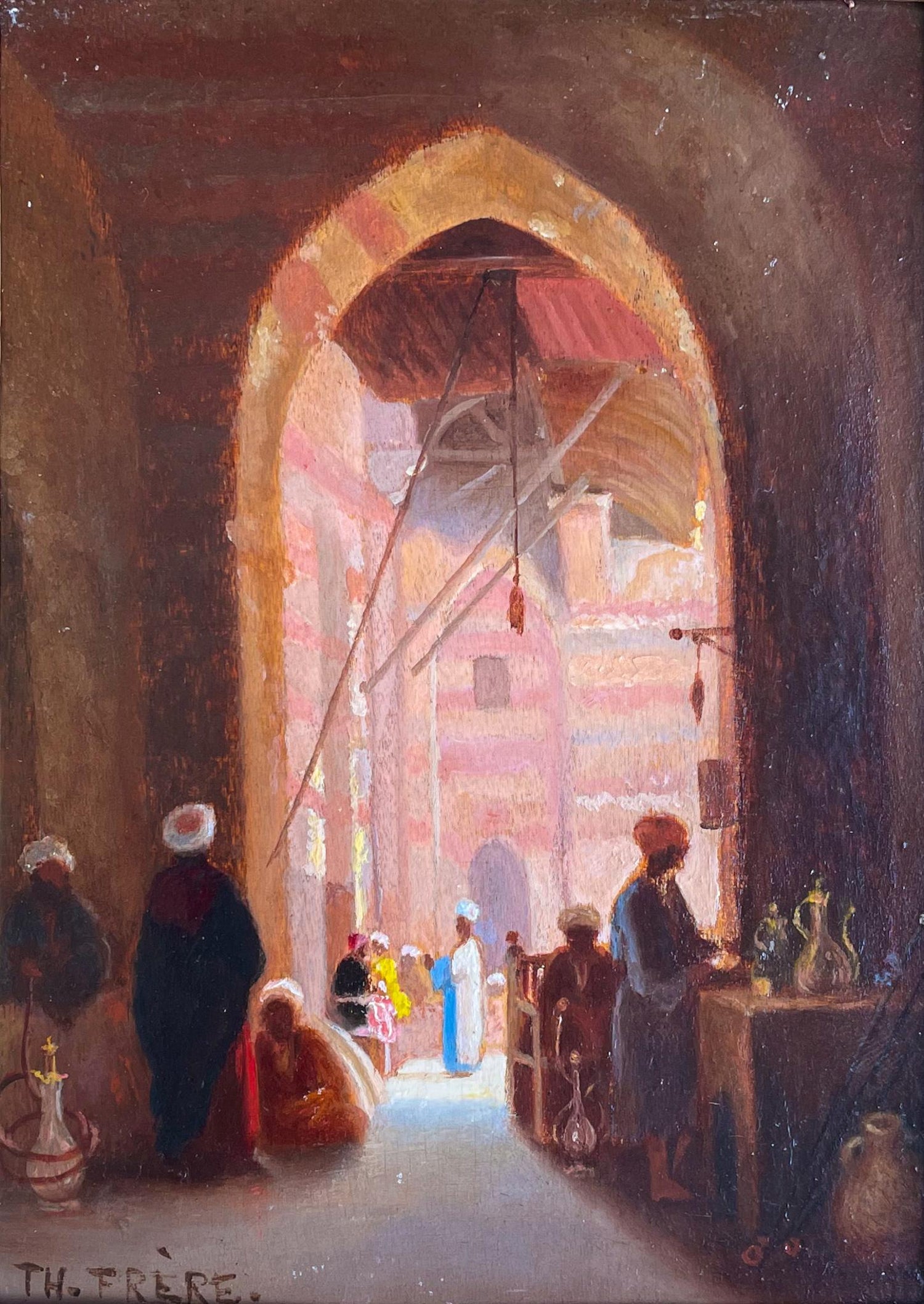 Large Orientalist Arab Oil Painting Merchants at the Bazaar Souq Jalal Gharbi