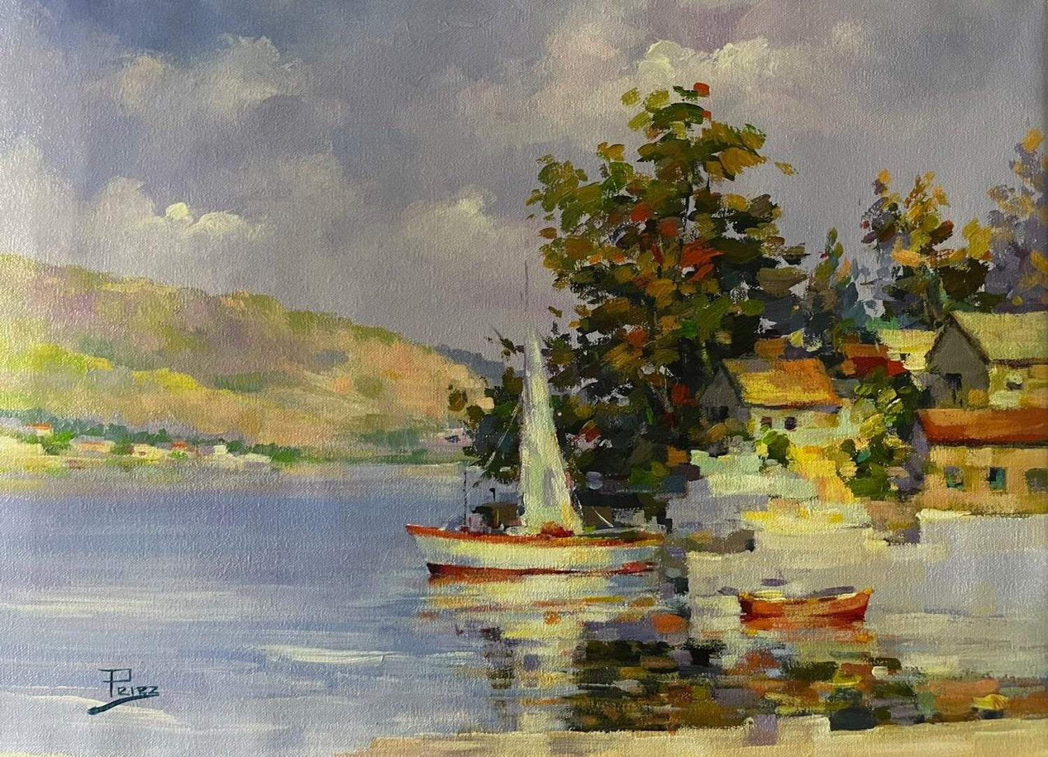 Marinescape with Boat Long Island NYC Oil Painting