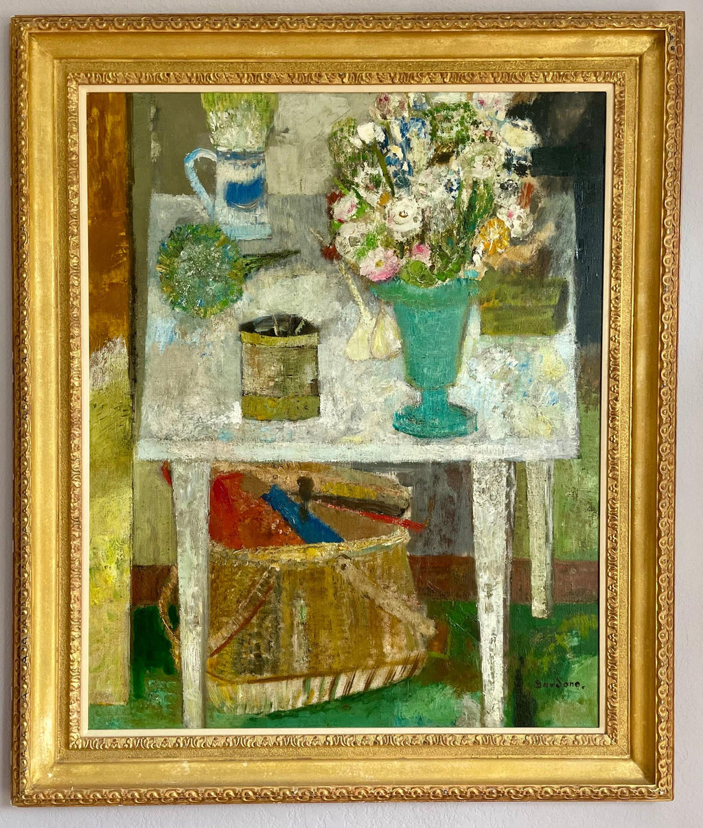 Soucis au Petit Pot Bleu, Floral Oil Painting Marigold Flower Bouquet in Vase