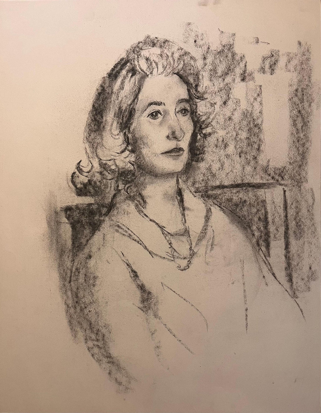 Charcoal Drawing "Waiting" Pensive Woman Americana WPA Artist