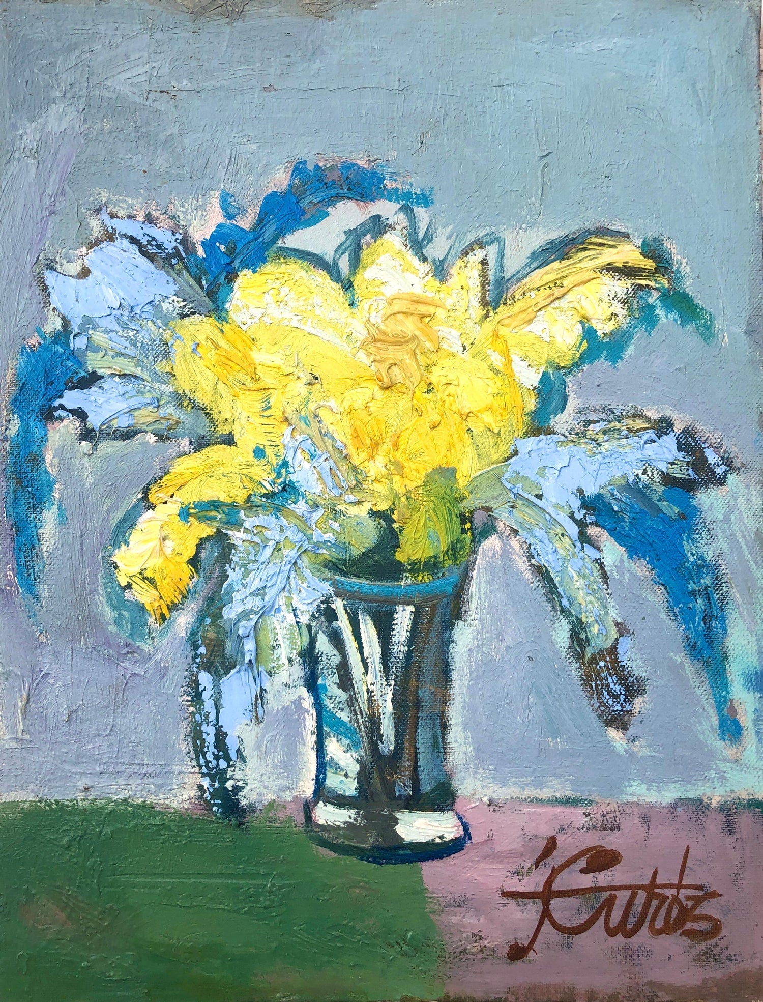 Soucis au Petit Pot Bleu, Floral Oil Painting Marigold Flower Bouquet in Vase