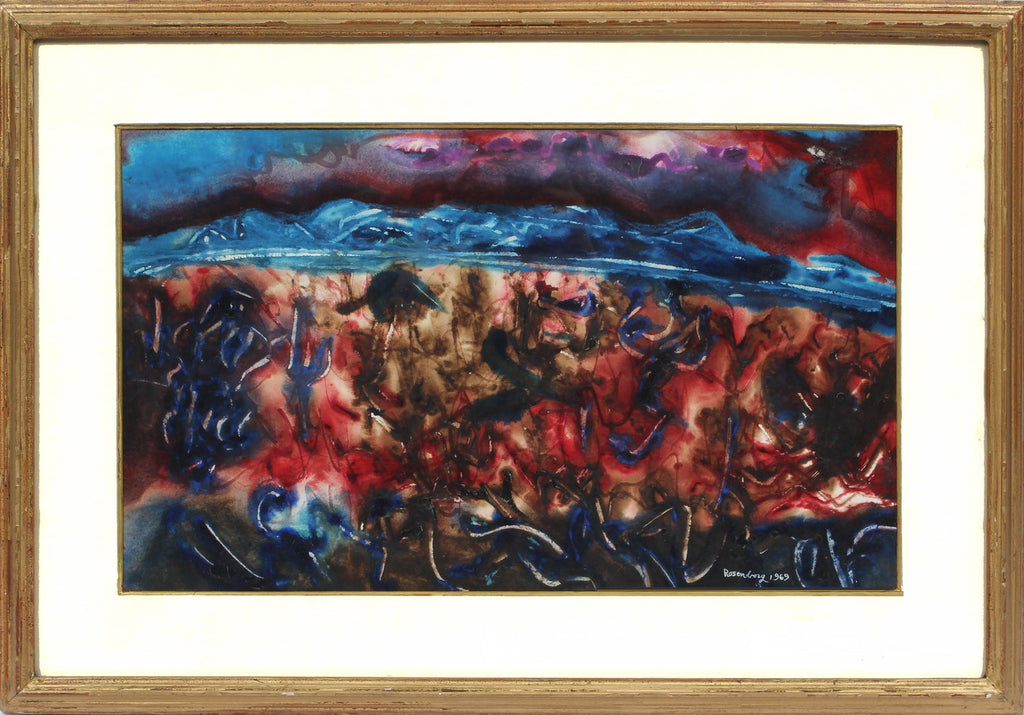Abstract Expressionist Landscape Israeli Modernist Oil Painting, Moody Blue