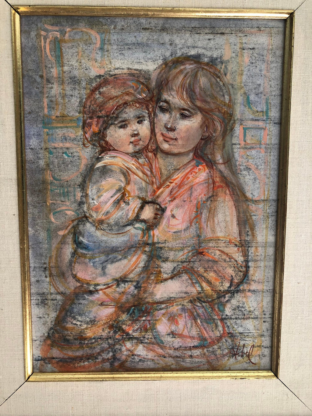 Romanian Israeli Modernist Oil Painting Expressionist Figures Mothers and Babies