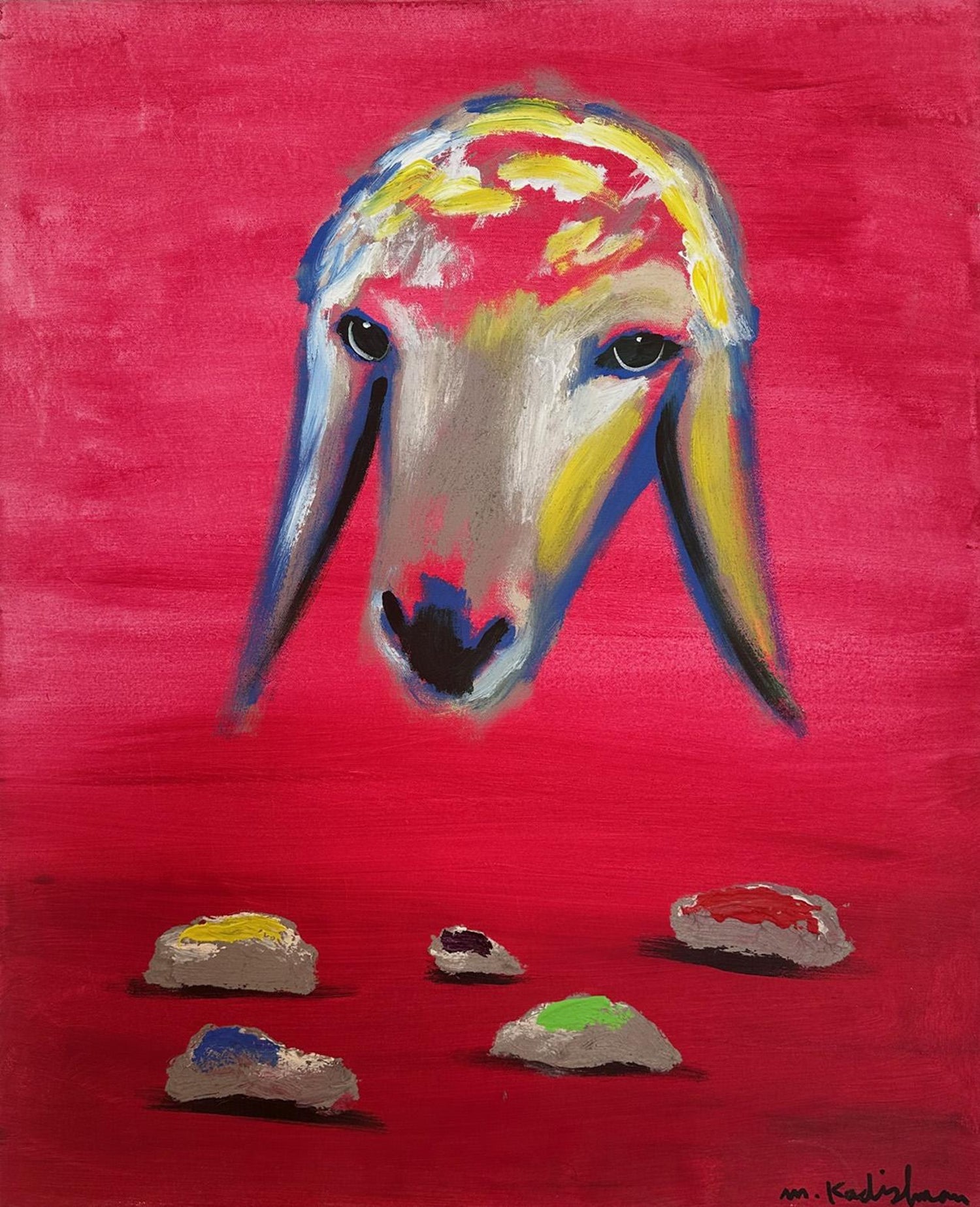 Israeli Hand Woven Colorful Wool Tapestry Weaving Menashe Kadishman Sheep Head