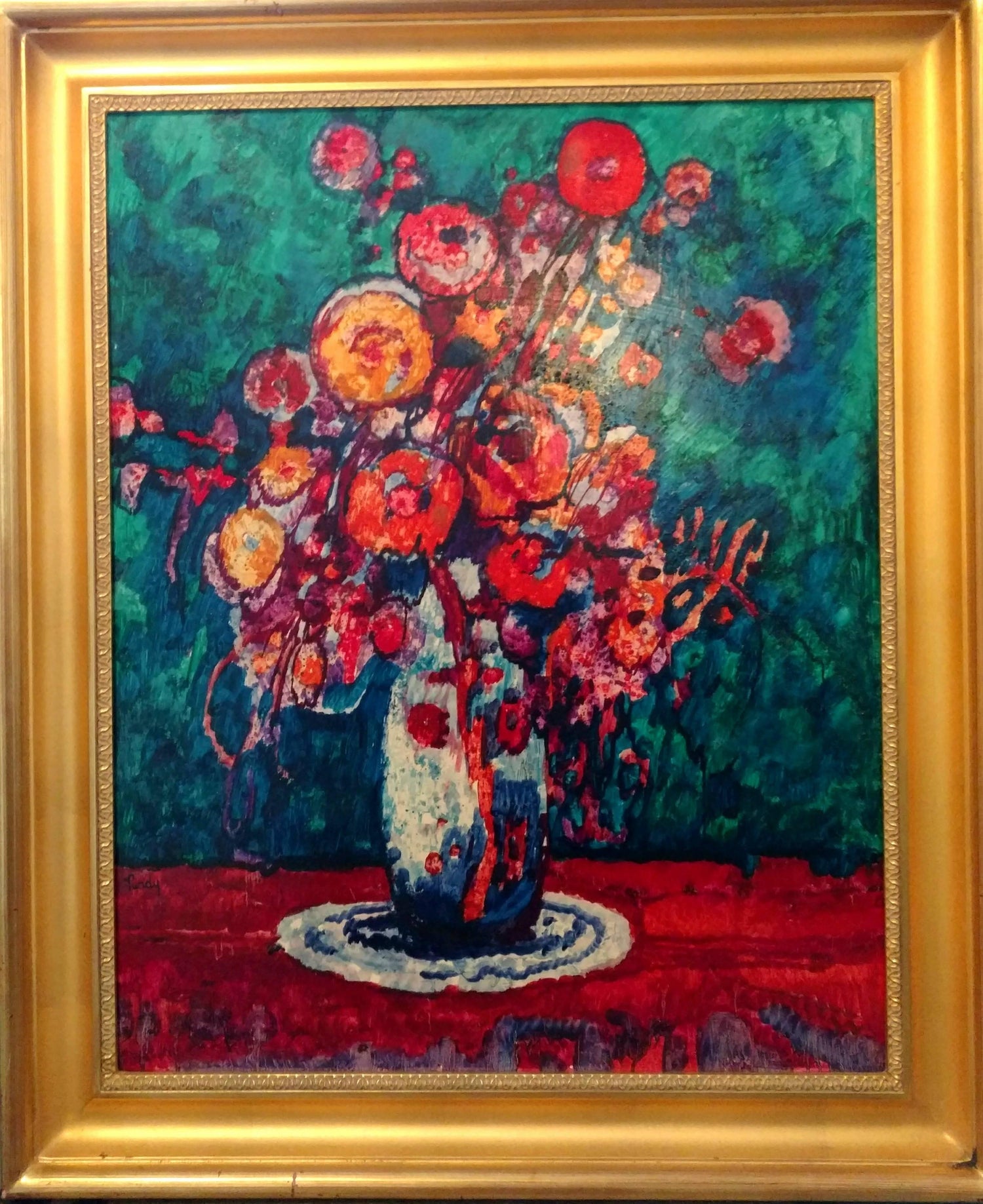 Modernist SUNDAY MORNING HARVEST Woman with Flowers Oil Painting