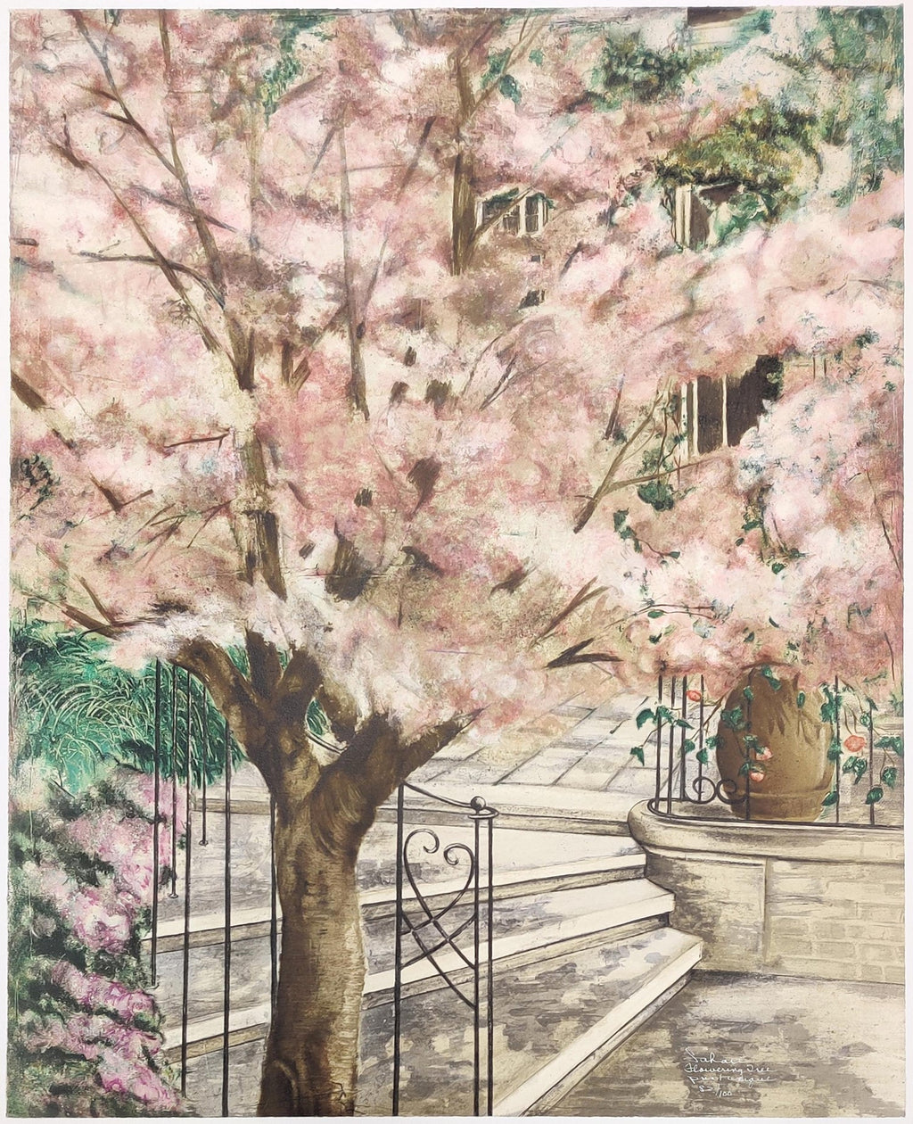 Modernist 1998 Flowering Tree Color Lithograph Dan Rizzie Mod Collage Artist